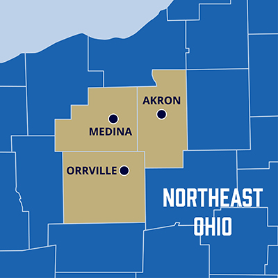 Map showing University of Akron sites in Medina, Lakewood, Orrville and elsewhere