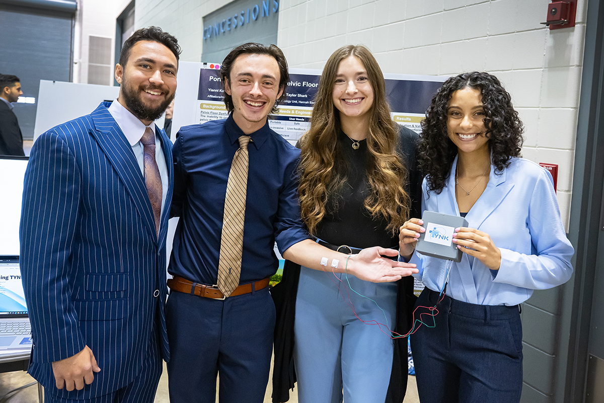 Pictured left to right are biomedical engineering students Yianni Kantzos, Neil Mazzone, Taylor Shark and Keridan Morgan.