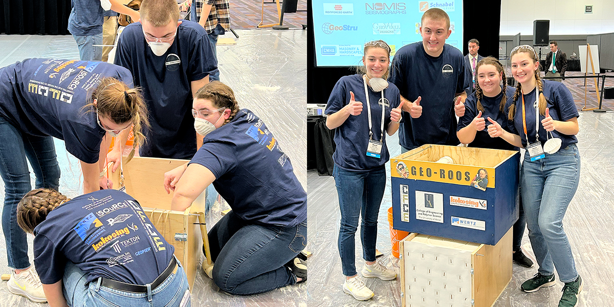 The Geo-Wall team constructing their MSE retaining wall during the competition.